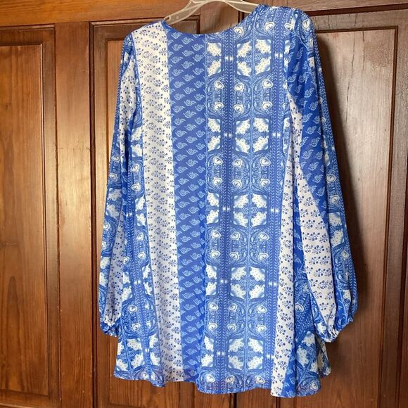 Show Me Your MuMu Jamie Long Sleeve Blue White Flowy Tunic Top Dress size S - Picture 2 of 8